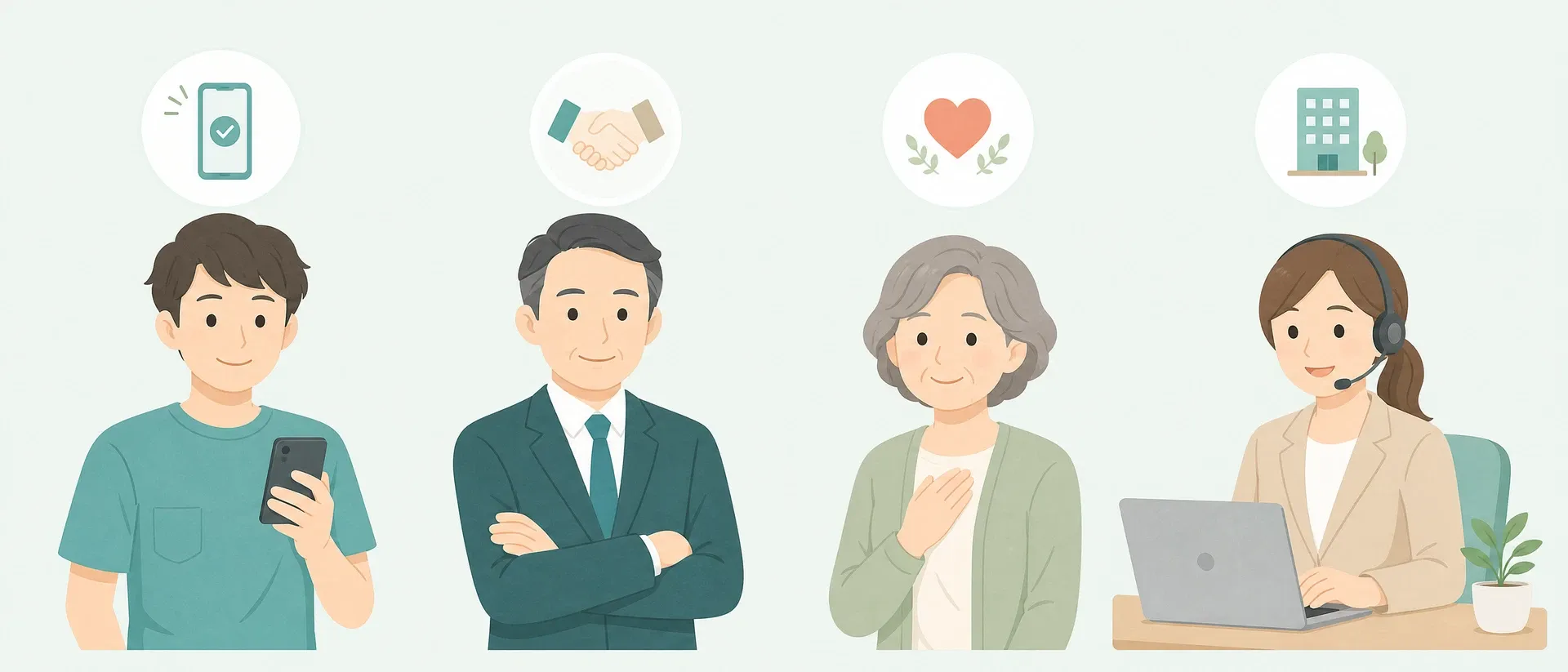 本人・連帯保証人・緊急連絡先・職場の4つの立場のイメージイラスト