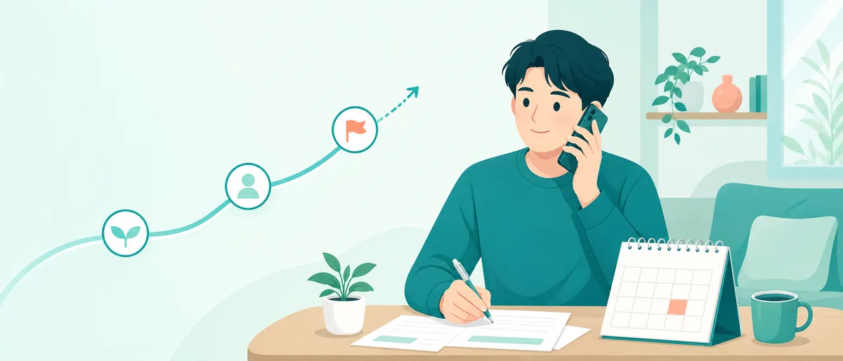 机で書類とカレンダーを確認しながら落ち着いて電話で相談する男性のイラスト