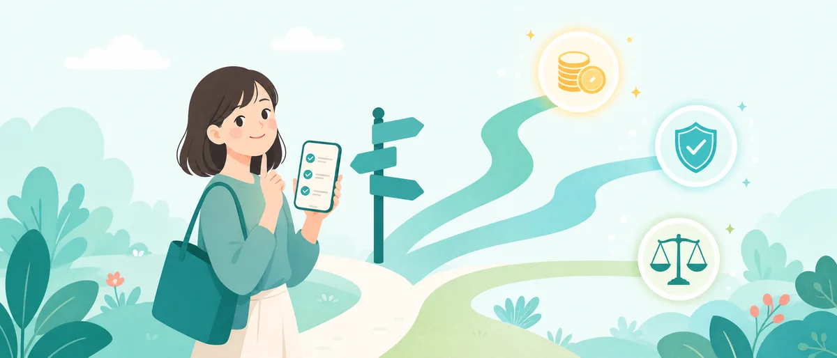 3つの選択肢の分かれ道の前で自分に合った道を選ぶ女性のイラスト