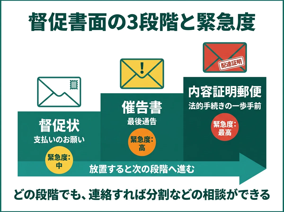 督促書面の3段階と緊急度の図解。督促状(緊急度:中)→催告書(緊急度:高)→内容証明郵便(緊急度:最高)と階段状に緊急度が上がることを示す