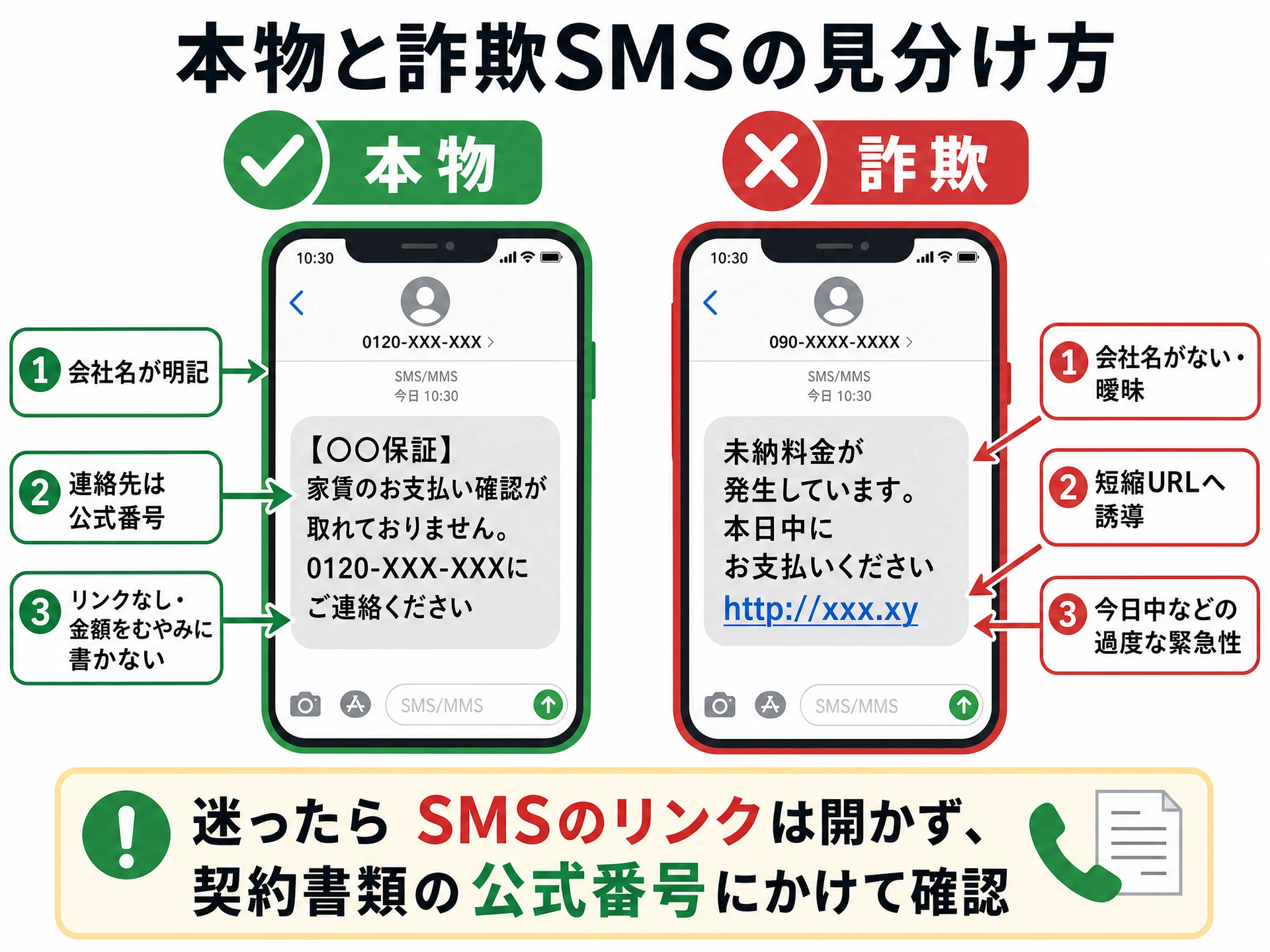 本物の督促SMSと詐欺SMSの見分け方の比較図解。本物は会社名の明記・公式番号への案内・リンクなしが特徴。詐欺は会社名が曖昧・短縮URLへの誘導・過度な緊急性が特徴